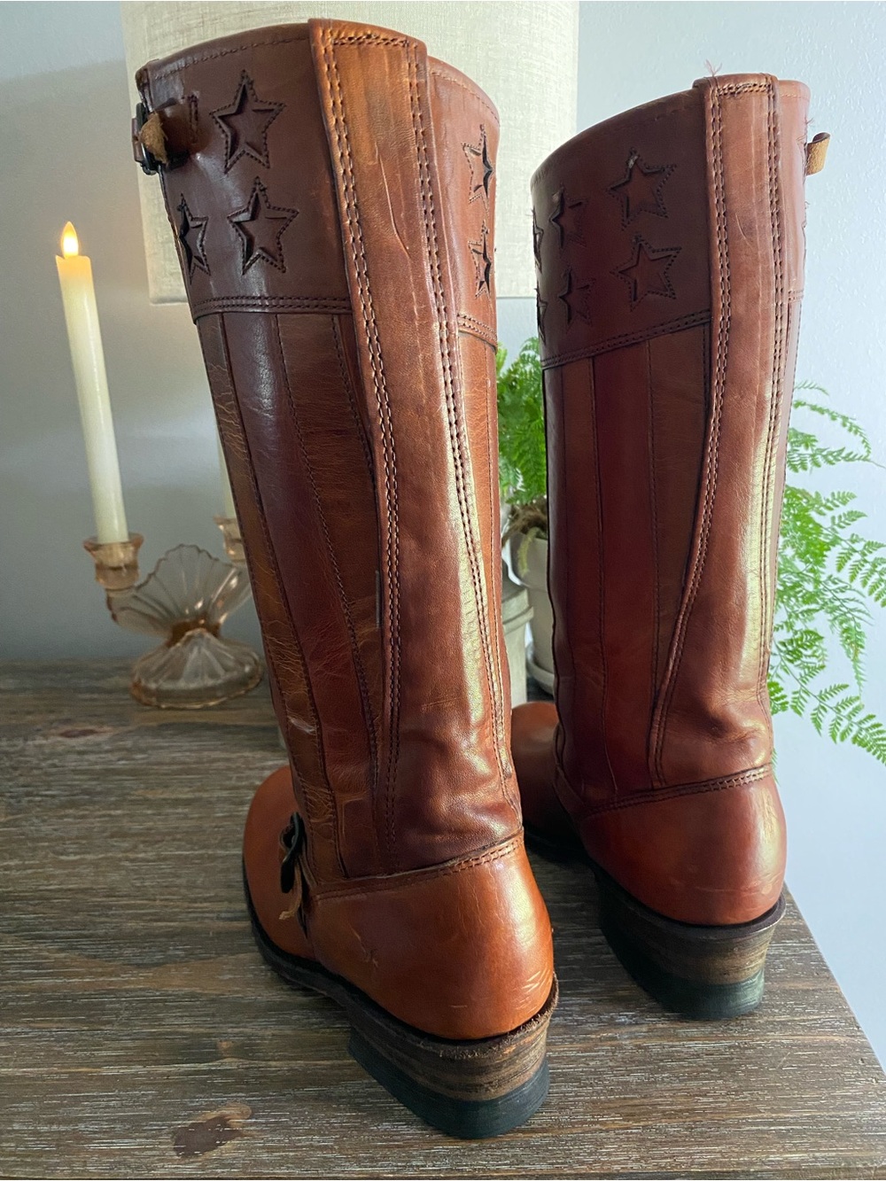 RARE Frye Engineer Americana Ltd Ed Anniversary Leather Tall Boots Women 7.5 Tan - Picture 9 of 16